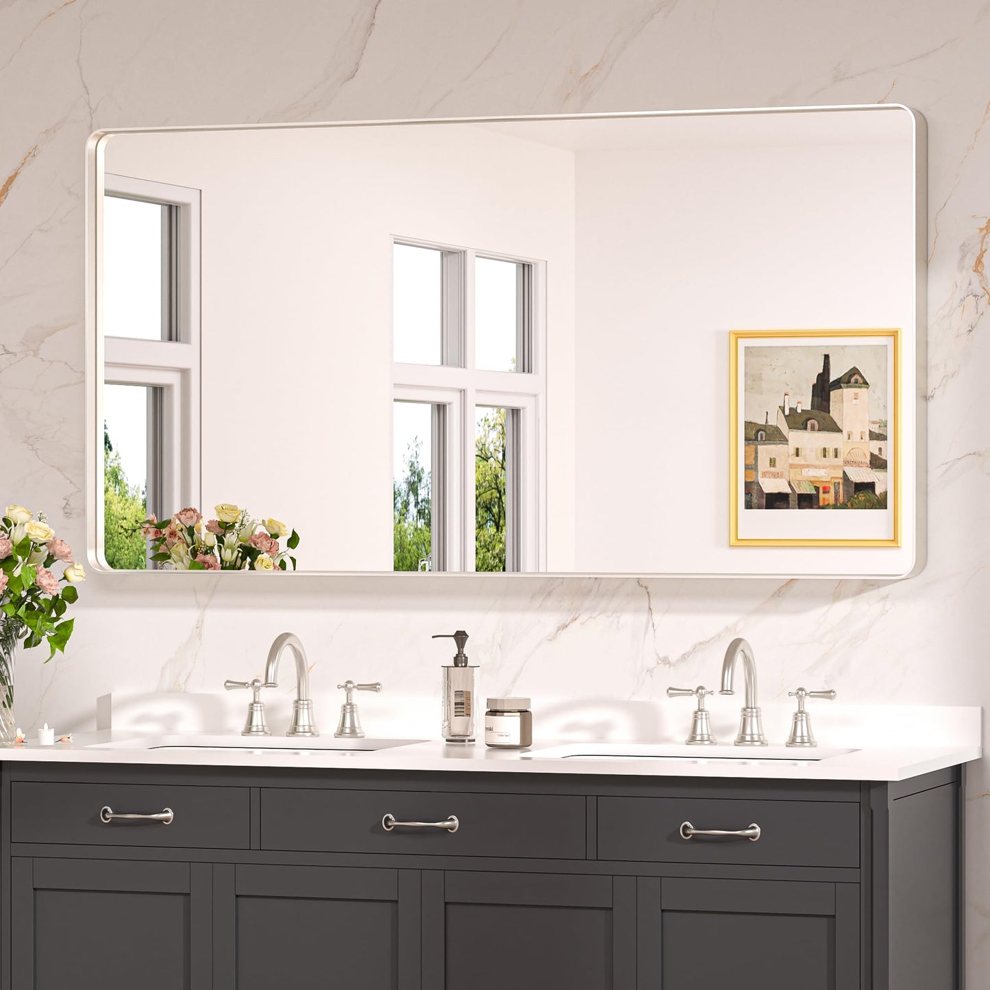 Keonjinn Black Mirror for Bathroom Sink, 24 x 30 Inch Sandblasted Finish Aluminum Wall Mirrors, Matte Black Rectangle Farmhouse Mirror with Shatterproof HD Tempered Glass, Anti-Rust Metal Frame