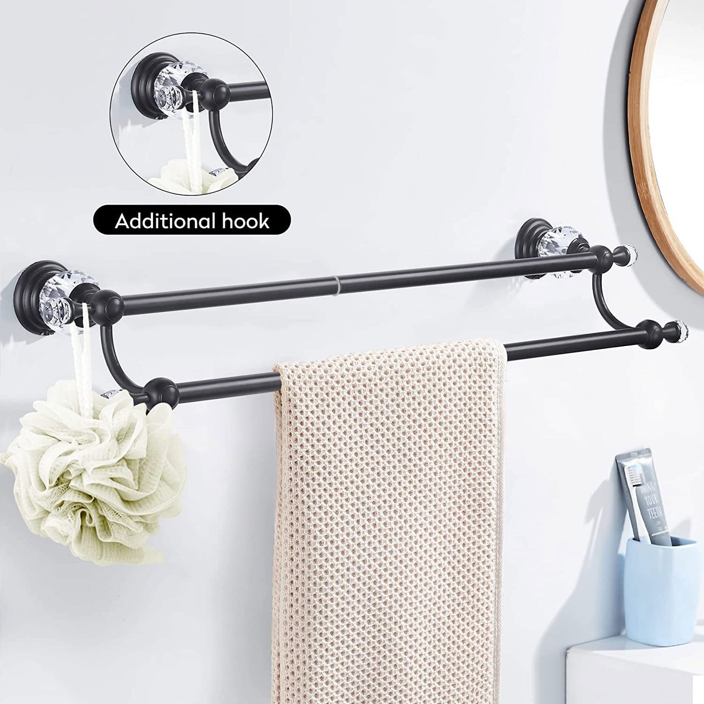 WINCASE Chrome Towel Bar, Adjustable Double Towel Holder, Silver Crystal Bathroom Towel Racks Wall Mounted