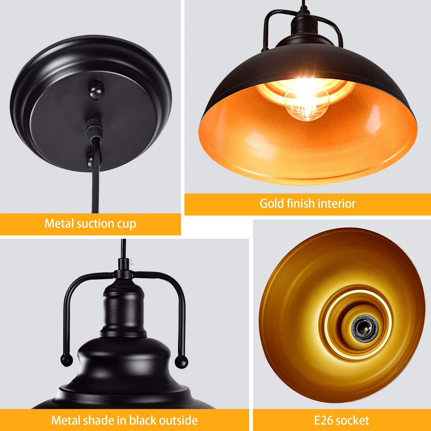 DLLT Gold Pendant Ceiling Lights Fixtures, Classic Pendant Lamp, E26 Industrial Metal Hanging Pendant Led Lighting for Kitchen, Bedroom, Dining Room, Hallway, Loft, Restaurant, Bar, Entryway