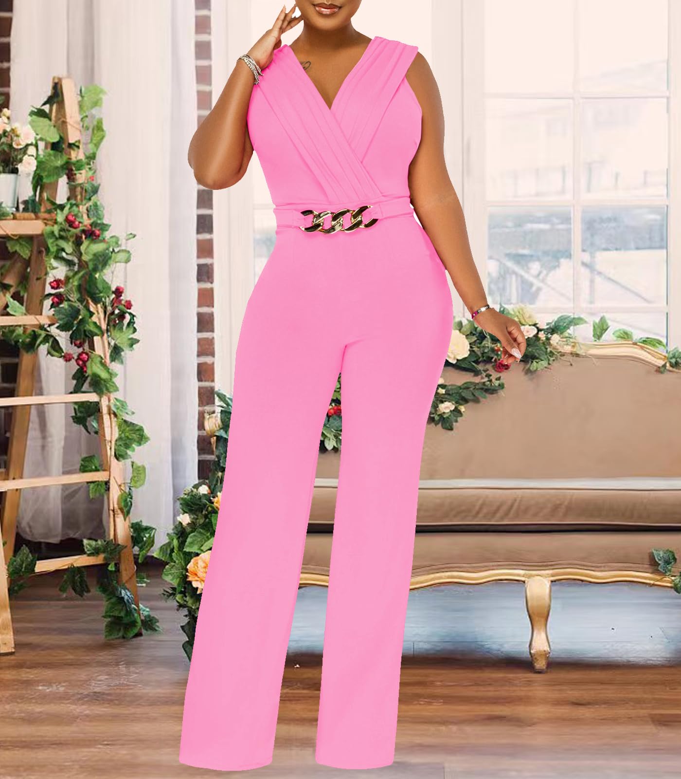 Damen Sommer Formal Elegante Jumpsuits V-Ausschnitt Ärmellos Party Strampler Stretch Wickel Weites Bein Lange Hose Clubwear 