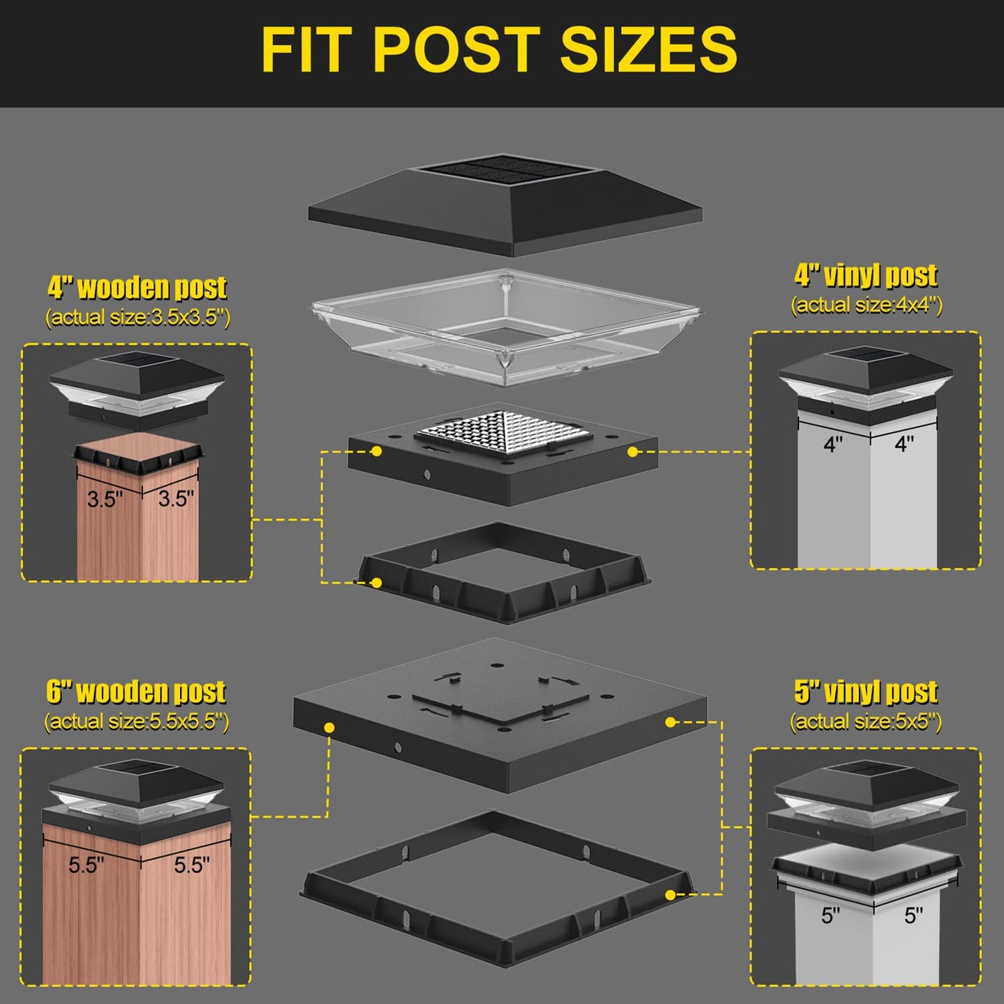 T-SUN Solar Post Cap Lights, 6 Pack – Warm & Cool White, Waterproof, Fits 4x4/5x5/6x6 Posts