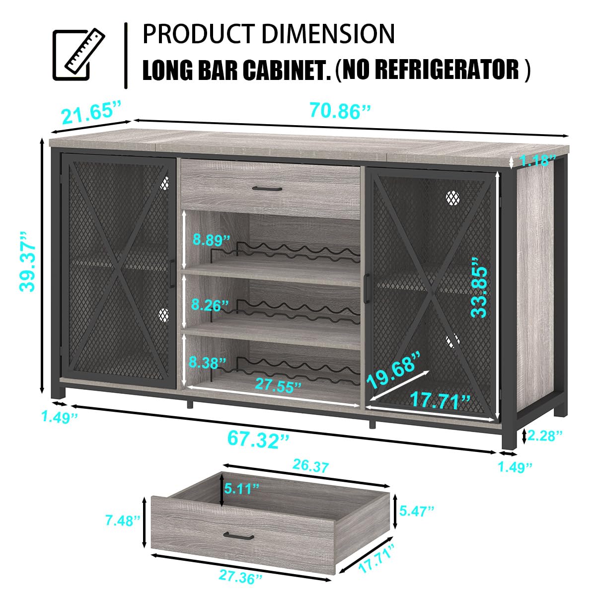 LVB Long Bar Cabinet with Fridge Space, Farmhouse Big Liquor Cabinet with Drawer Storage, Rustic Wood Metal Large Wine Cabinet with Rack, Modern Sideboard Buffet for Kitchen Dining Room, Gray, 70 Inch