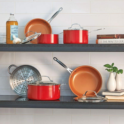 Gotham Steel 10-Piece Nonstick Cookware Set – Ti-Cerama Coating, Skillets, Pots & Steamer Insert – Red