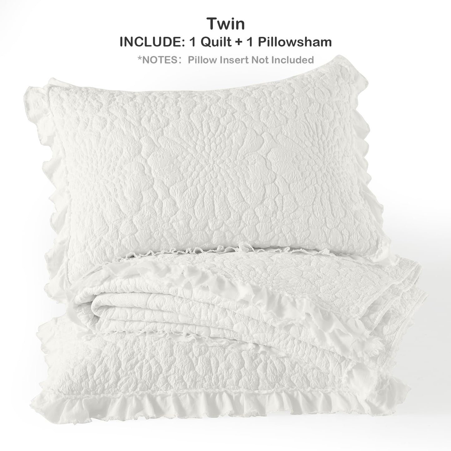 HORIMOTE HOME White Ruffled Quilt King Size, Stone-Washed Microfiber Lightweight Crinkled Farmhouse Rustic Shabby Chic Bedding Set, 3 Pieces Reversible Bedspread with Pillow Shams for All Season