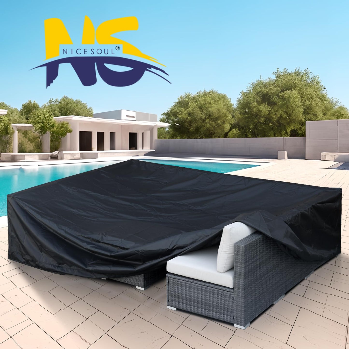 Housse de canapé d'extérieur NICESOUL® Housse de meubles imperméable Revêtement PU avec aérations Fermetures à glissière réglables Housse de conversation pour patio Noir 