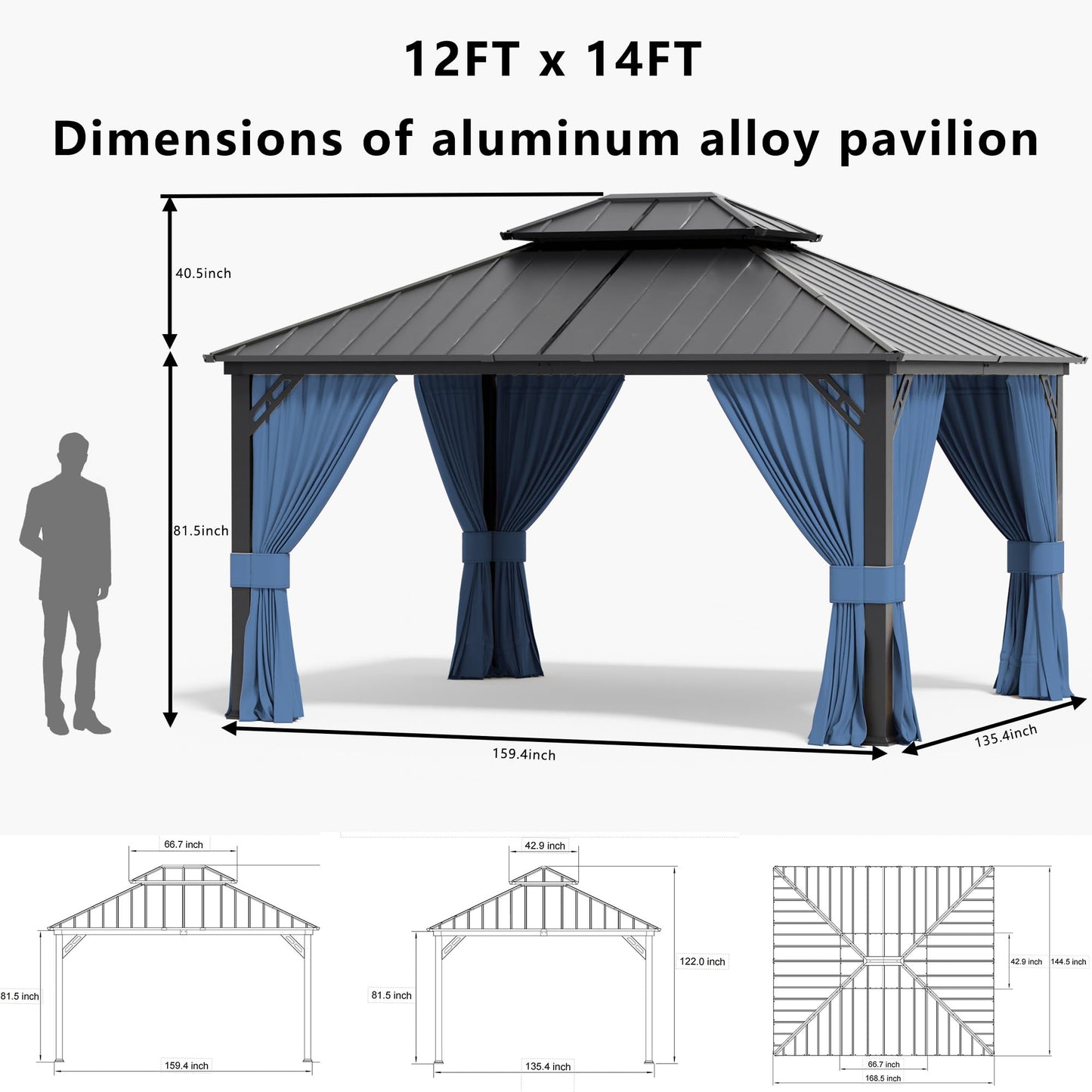 12x20ft Hardtop Gazebo Double Roof, Outdoor Pavilion with 2-Layer Hard top Galvanized Iron Frame Garden Tent, Suitable for courtyards, backyards, Decks, and Grass