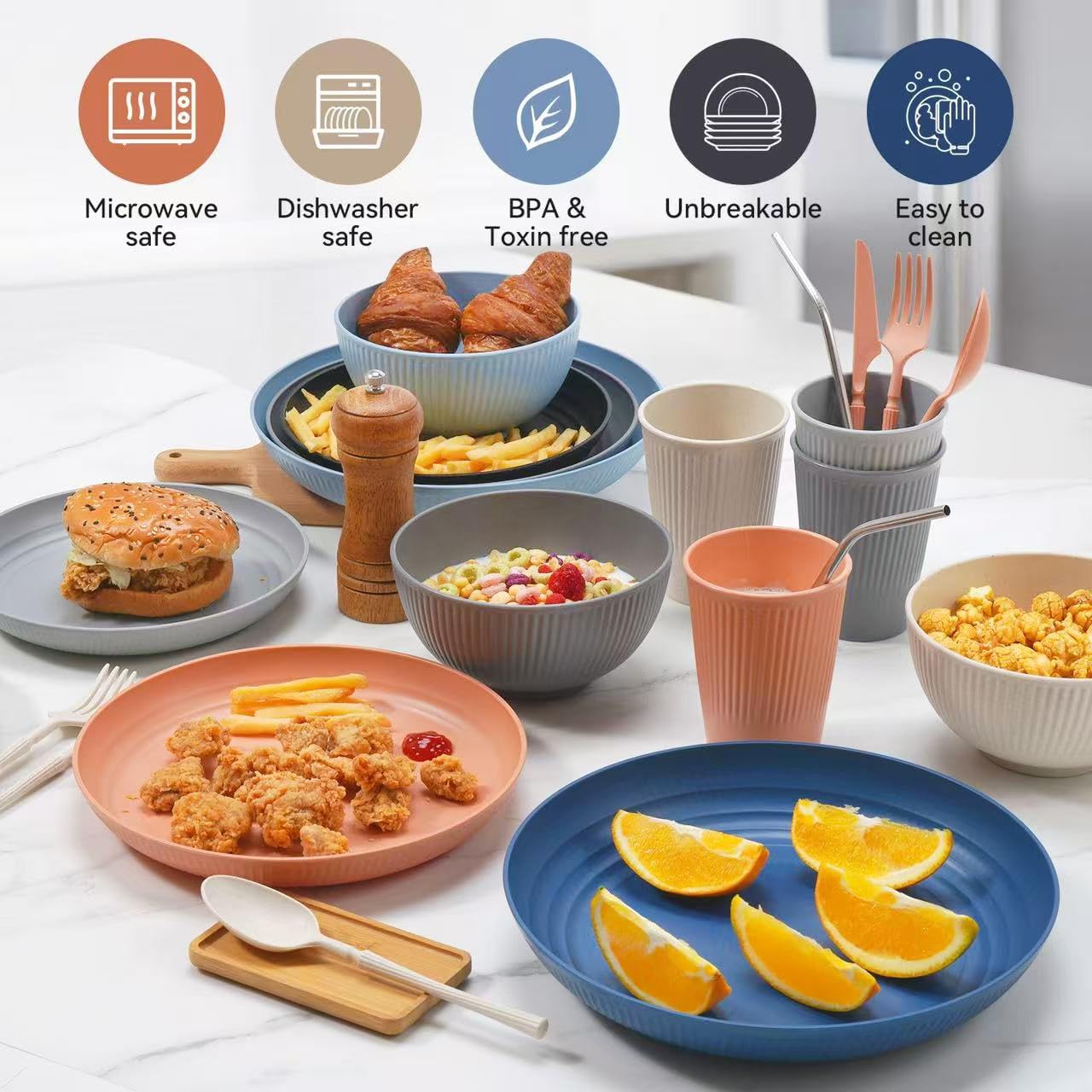 48-Piece Unbreakable Dinnerware Set – Plates, Bowls, Cups & Utensils for 6