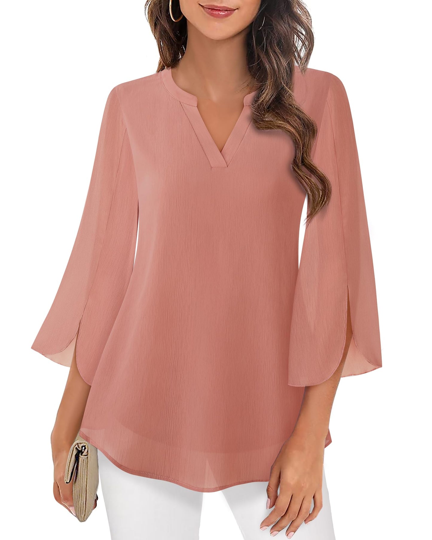 Timeson Women's 3/4 Sleeve Chiffon Blouse Shirt V Neck Dressy Tunic Tops