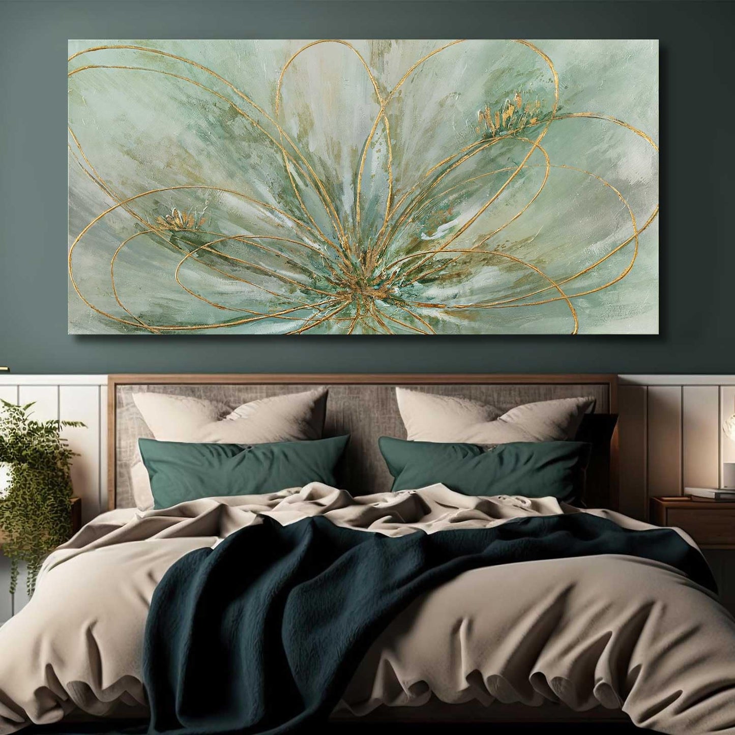 YJYart Abstrakte Wandkunst, Grün und Gold, handgemalt, Ölgemälde, Blüte, botanisch, großes Bild für Wohnzimmer, Schlafzimmer, Küche, Büro, 76,2 x 152,4 cm 