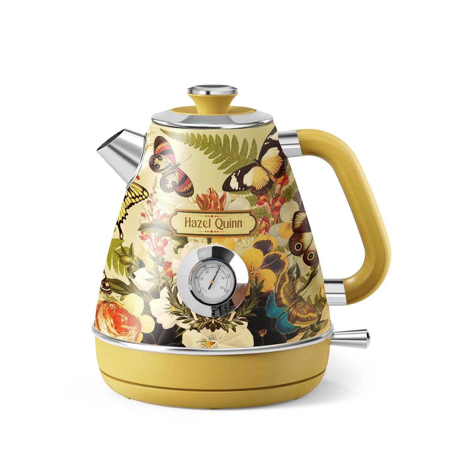 Hazel Quinn Retro Electric Kettle - 1.7 Liters / 57.5 Ounces Tea Kettle with Thermometer, All Stainless Steel, 1200 Watts Fast Boiling, BPA-free, Cordless, Automatic Shut Off.