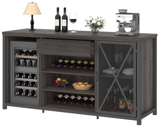 LVB Long Bar Cabinet avec Espace Réfrigérateur, Farmhouse Big Liquor Cabinet avec Tiroir de Rangement, Rustique Bois Métal Grande Armoire à Vin avec Support, Buffet Moderne pour Cuisine Salle à Manger, Gris, 70 Pouces 