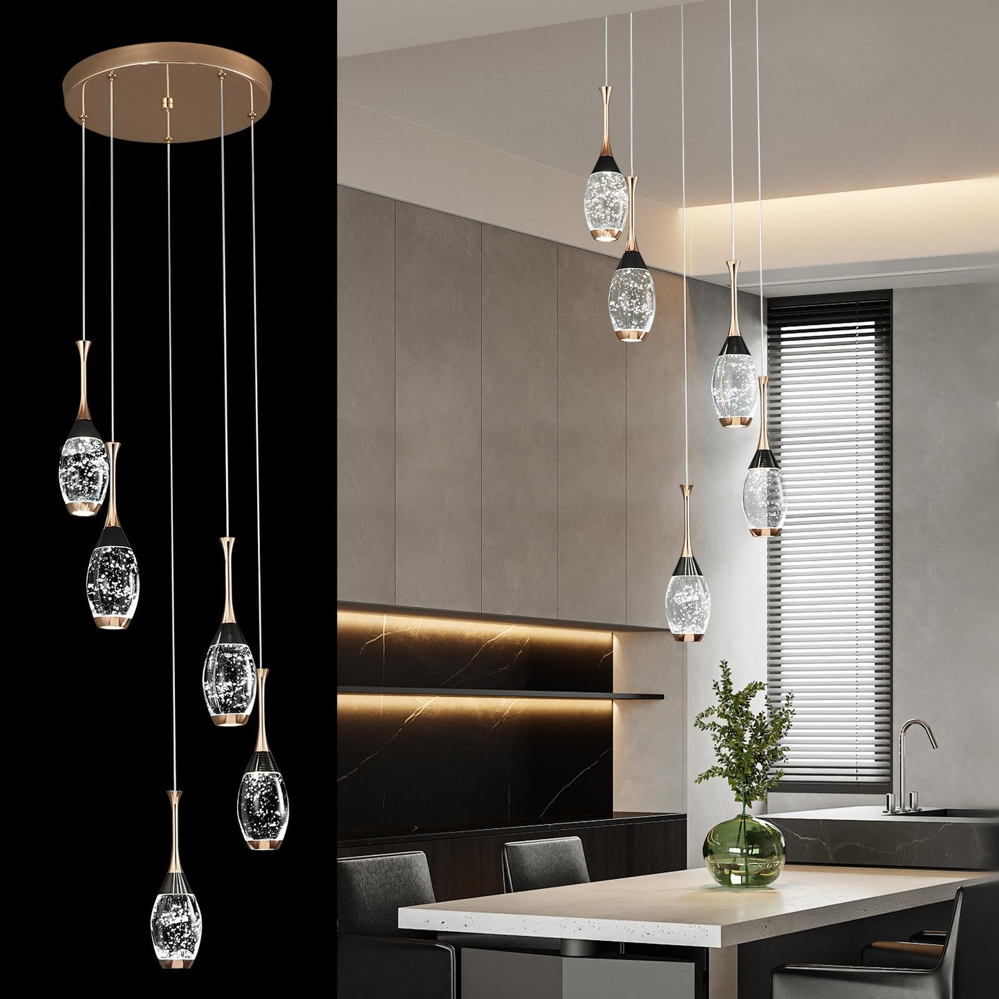 Modern Black Gold Pendant Light Dimmable LED Ceiling Light Fixtures Mini Teardrop Crystal Pendant Lighting for Kitchen Island Bedroom Hallway Entryway (3-Pack)