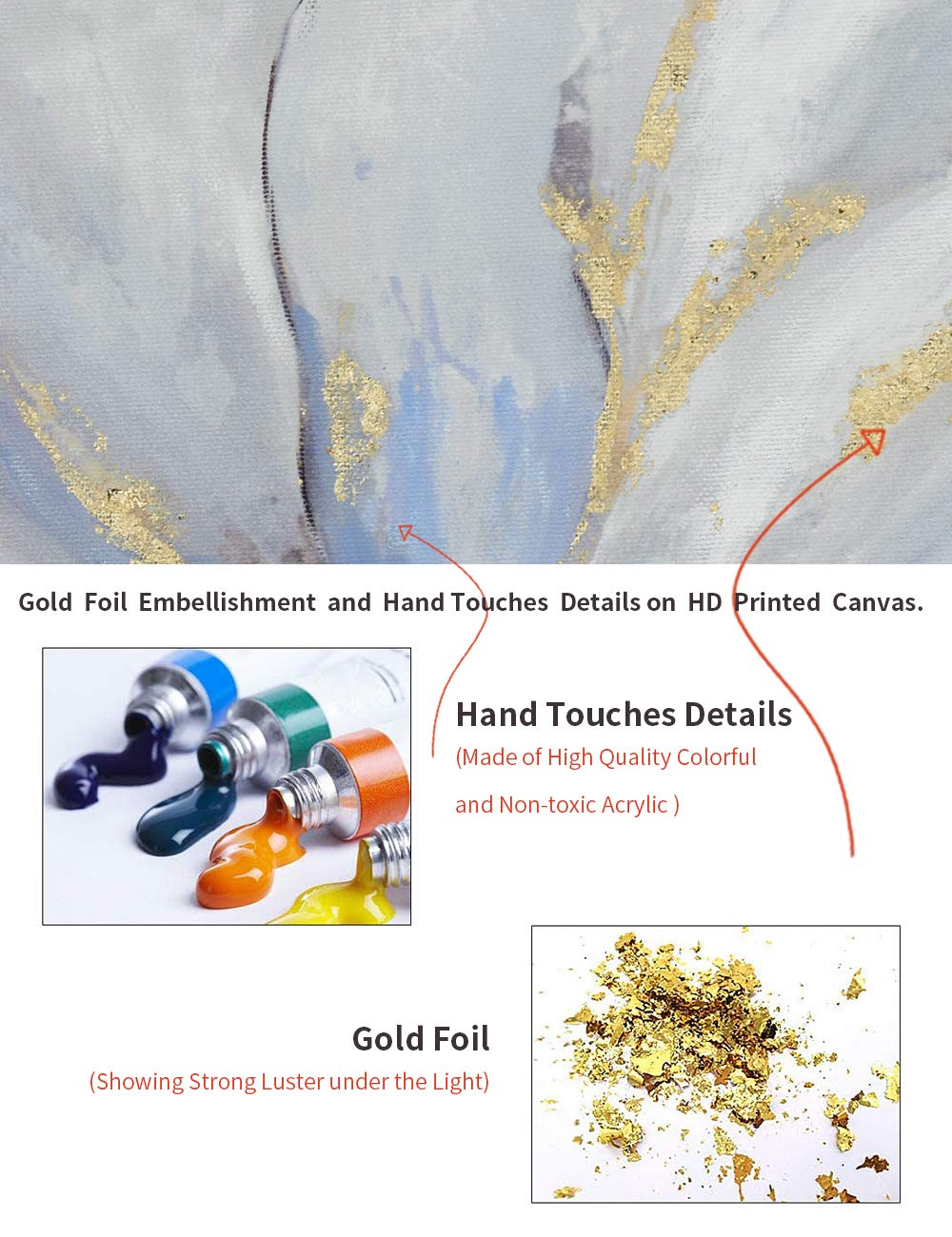 Goldfoilart Décoration murale florale moderne en fleurs blanches avec peintures en feuille d'or, œuvres d'art encadrées pour salon, chambre à coucher, cuisine, 61 x 61 cm x 2 pièces 