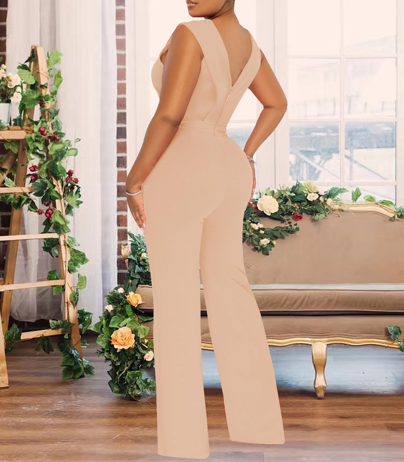 Women's Summer Formal Dressy Jumpsuits Elegant V Neck Sleeveless Party Rompers Stretchy Wrap Wide Leg Long Pants Clubwear