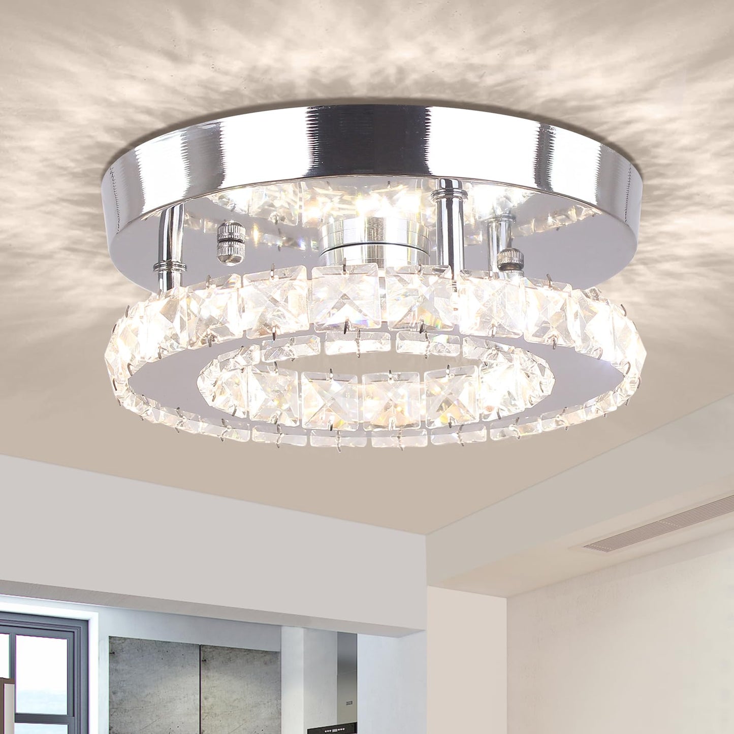 Dimmable Mini Crystal Chandeliers Modern Flush Mount Ceiling Light Fixture Round LED Crystal Chandelier Hallway Light Bedroom Bathroom Kitchen Office