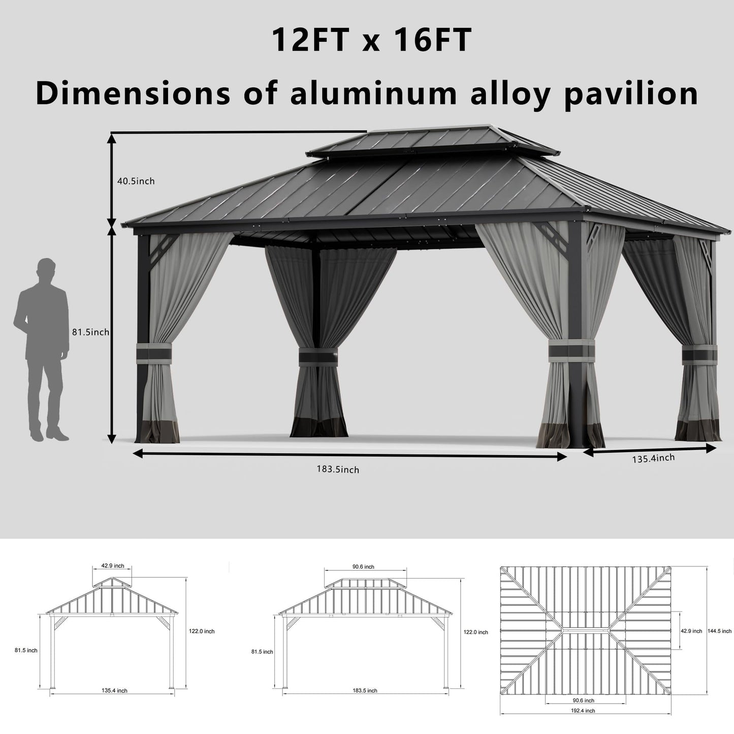 12x20ft Hardtop-Pavillon mit Doppeldach, Außenpavillon mit 2-lagigem Hardtop und verzinktem Eisenrahmen, geeignet für Innenhöfe, Hinterhöfe, Terrassen und Gras 