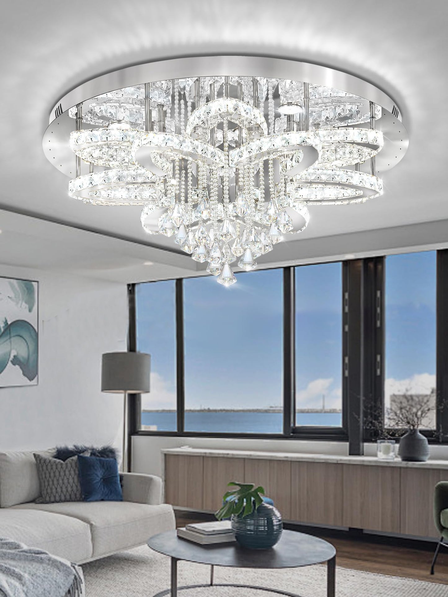 Flashing God W40 Modern Crystal Chandelier for Living Room Crystal Flush Mount LED Gold Ceiling Light Fixture for Foyer Dining Room Hallway Dimmable 2700k 4500k 6000k