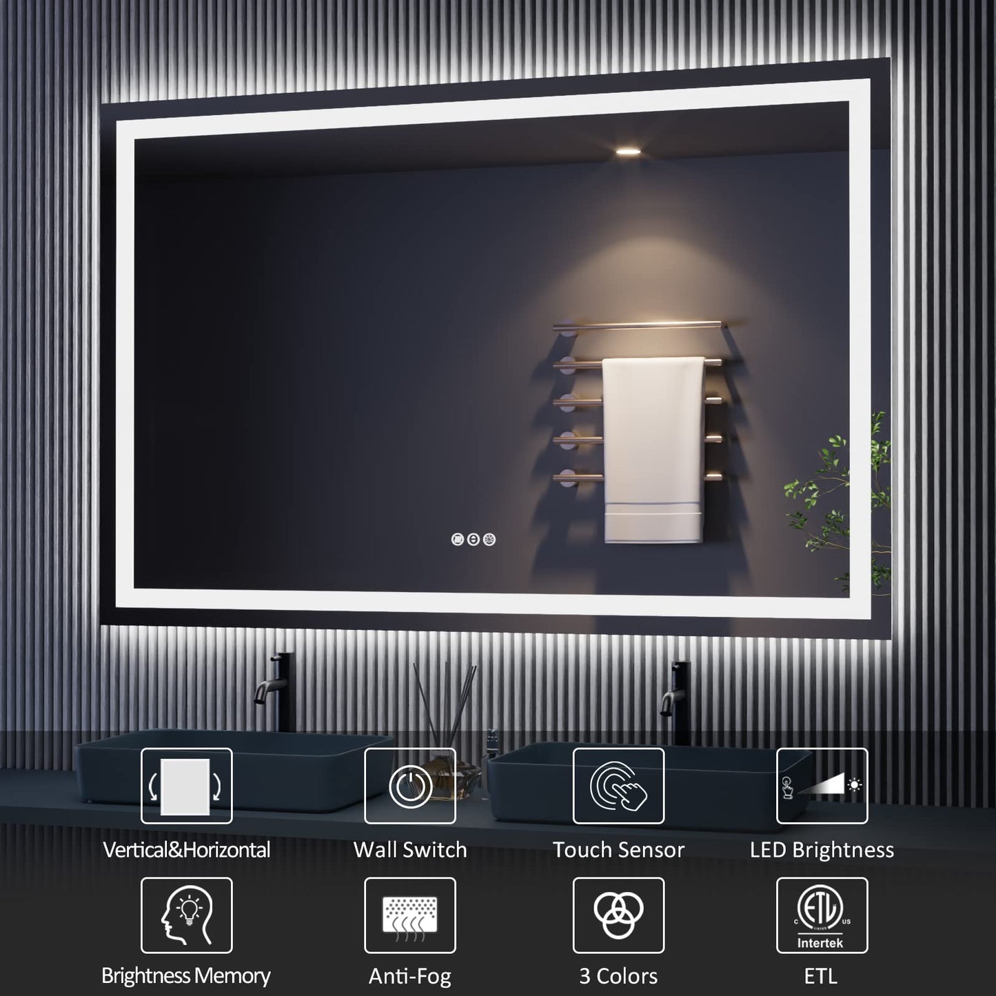 Amorho 20"x 28" LED Bathroom Mirror with Black Frame, Front Light and Backlit(Controlled Separately), Stepless Dimmable, Anti-Fog, Shatter-Proof, 3 Colors, Memory