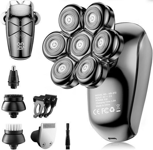 Detachable Head Shavers, SHPAVVER 5 in 1 Electric Razor IPX7 Waterproof for Bald Men, Wet Dry LED Display Rechargeable 7D Rotary Shaver Grooming Kit with Type C Charge A