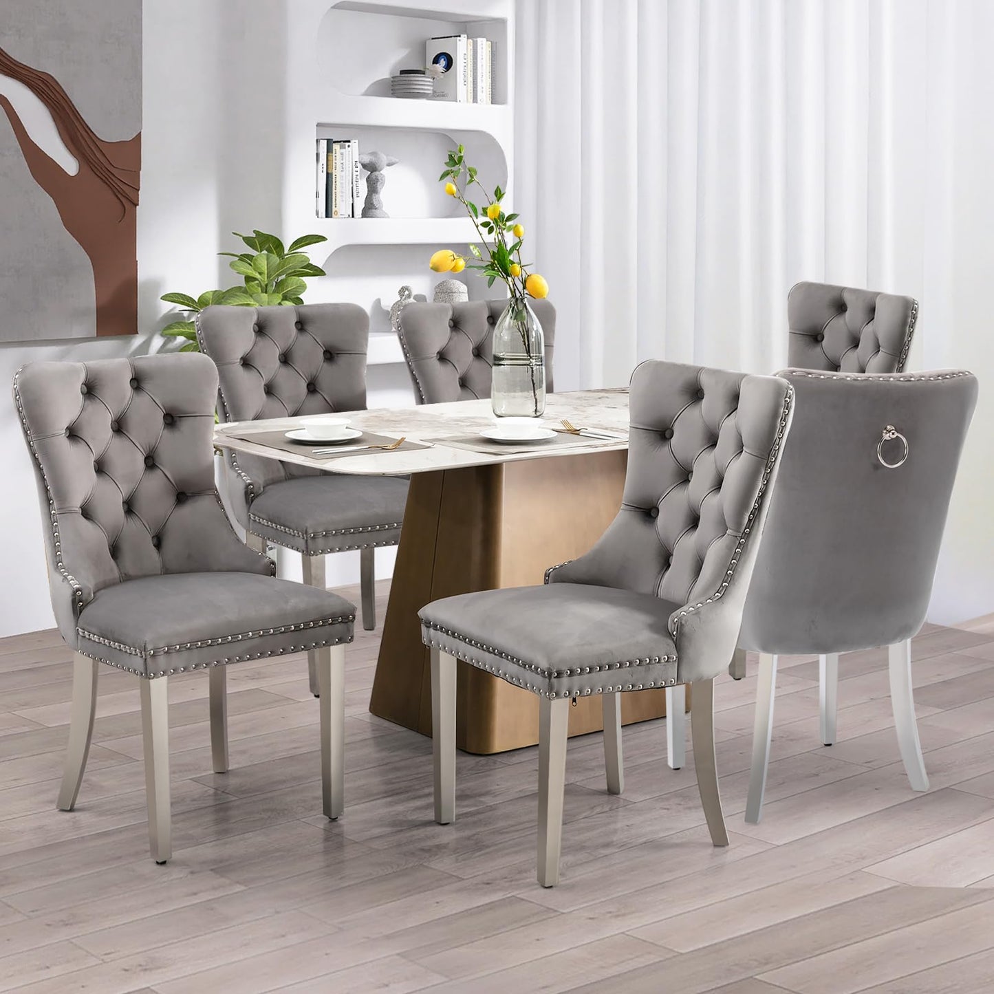 SoarFlash Leather Dining Chairs Set of 8, Tall Back Side Chair, Modern Upholstered Side Chair with Button Back Ring, Solid Wood Legs (Black&Grey)