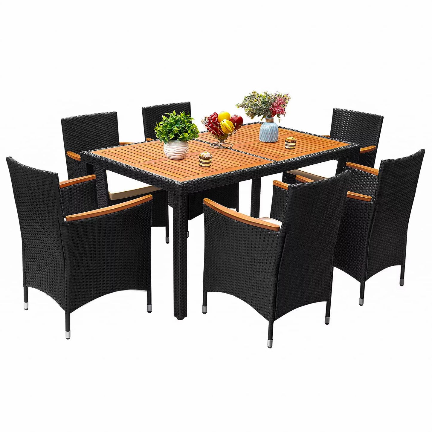 Flamaker 9 Piece Patio Dining Set Outdoor Acacia Wood Table and Chairs with Soft Cushions Wicker Patio Furniture for Deck, Backyard, Garden