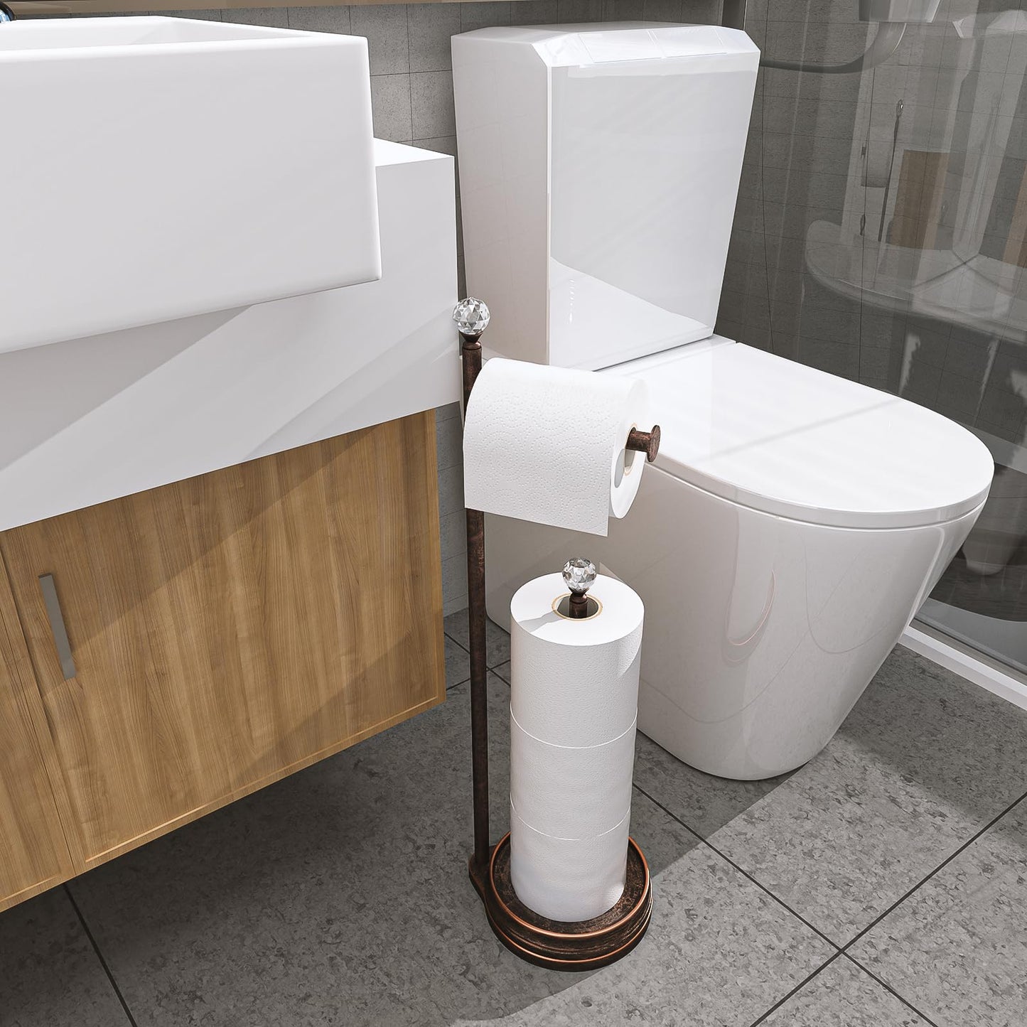 Weighted Freestanding Toilet Paper Holder – Metal Bathroom Stand with Crystal Accent