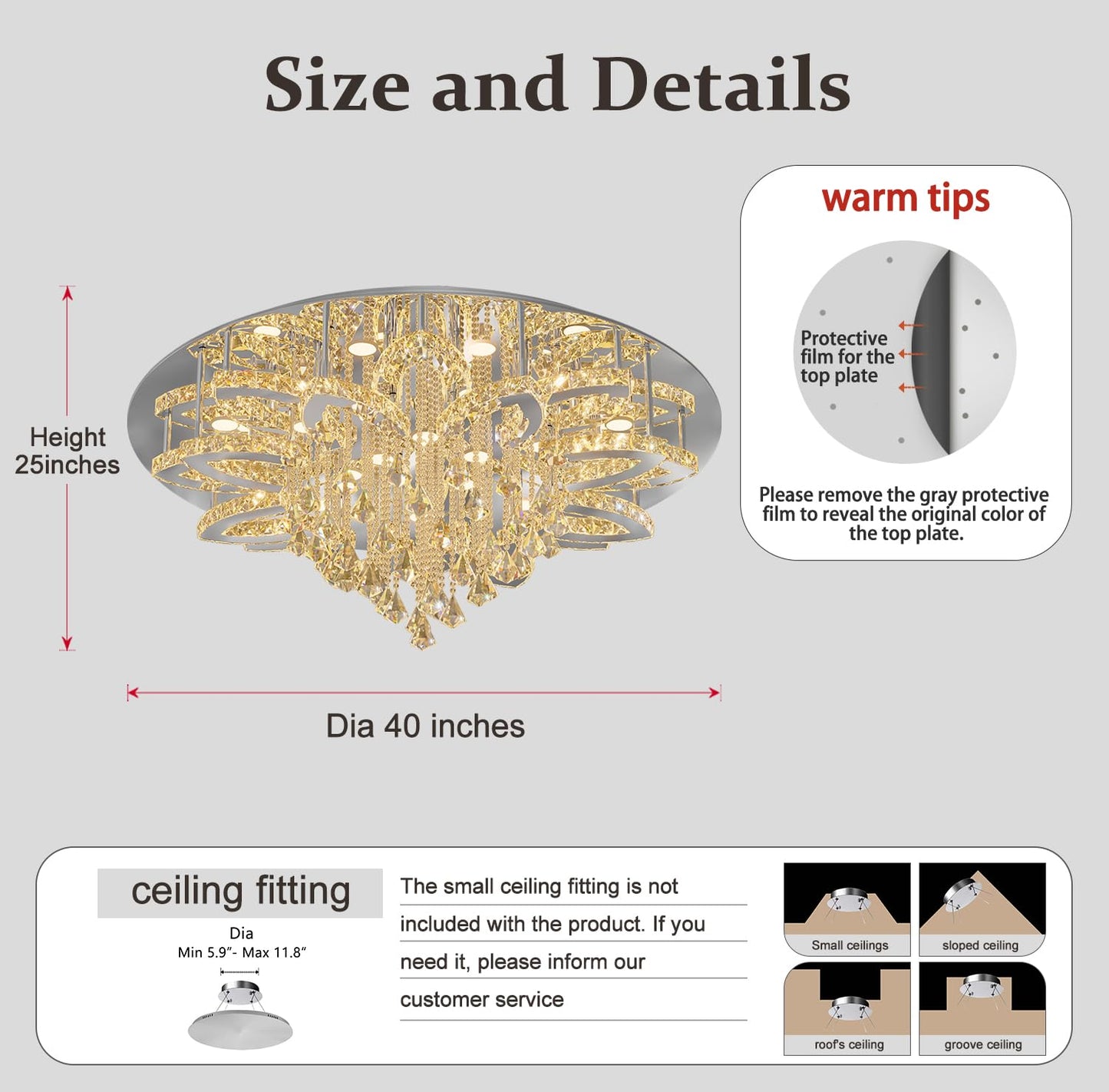 Flashing God W40 Modern Crystal Chandelier for Living Room Crystal Flush Mount LED Gold Ceiling Light Fixture for Foyer Dining Room Hallway Dimmable 2700k 4500k 6000k