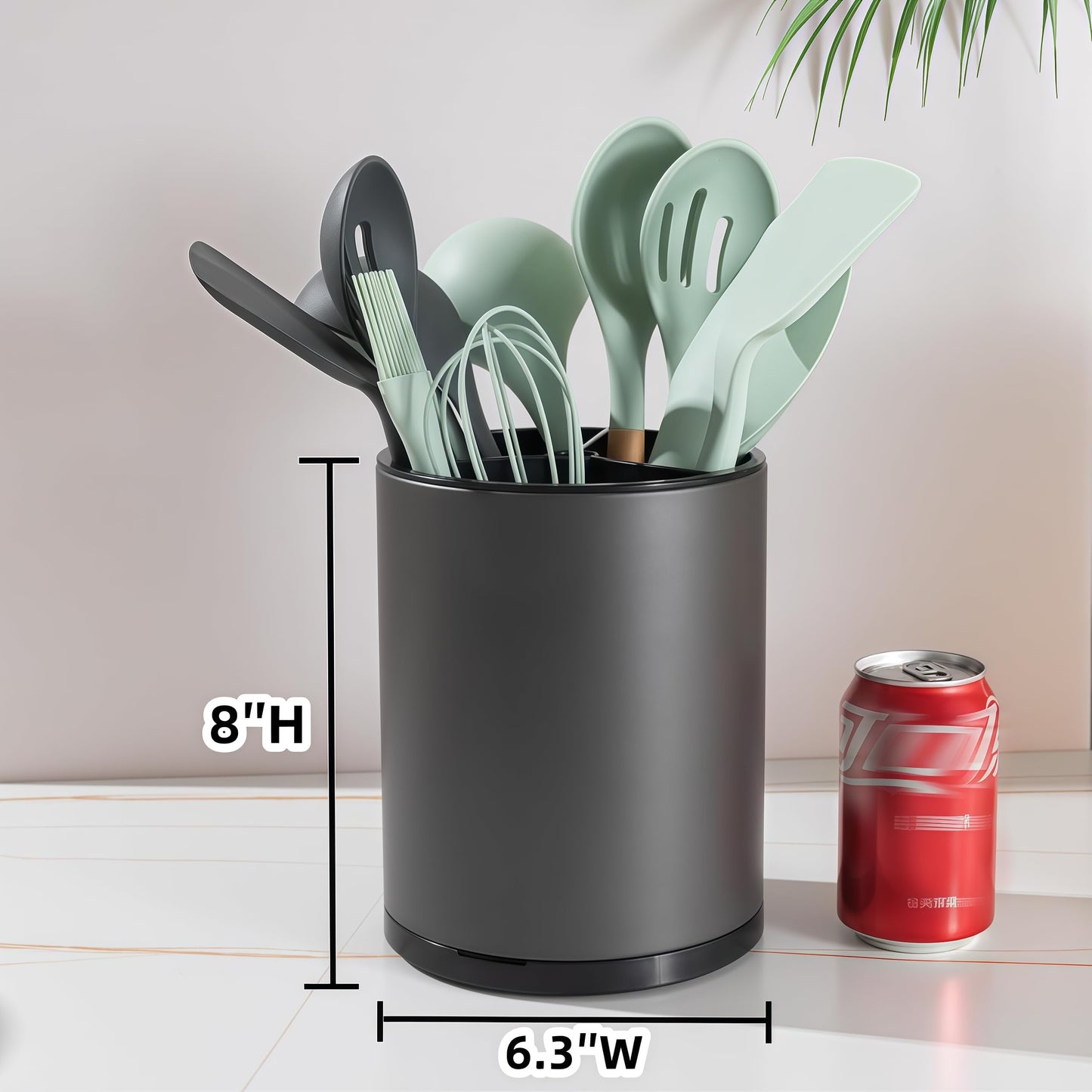 Kitchen Utensil Holder Extra Large 360°Rotating For Counter Organizer Stainless Steel Storage Cooking Silverware Caddy 3 Compartment Flatware Spoon Spatula Tool Cutlery Container (Grey)