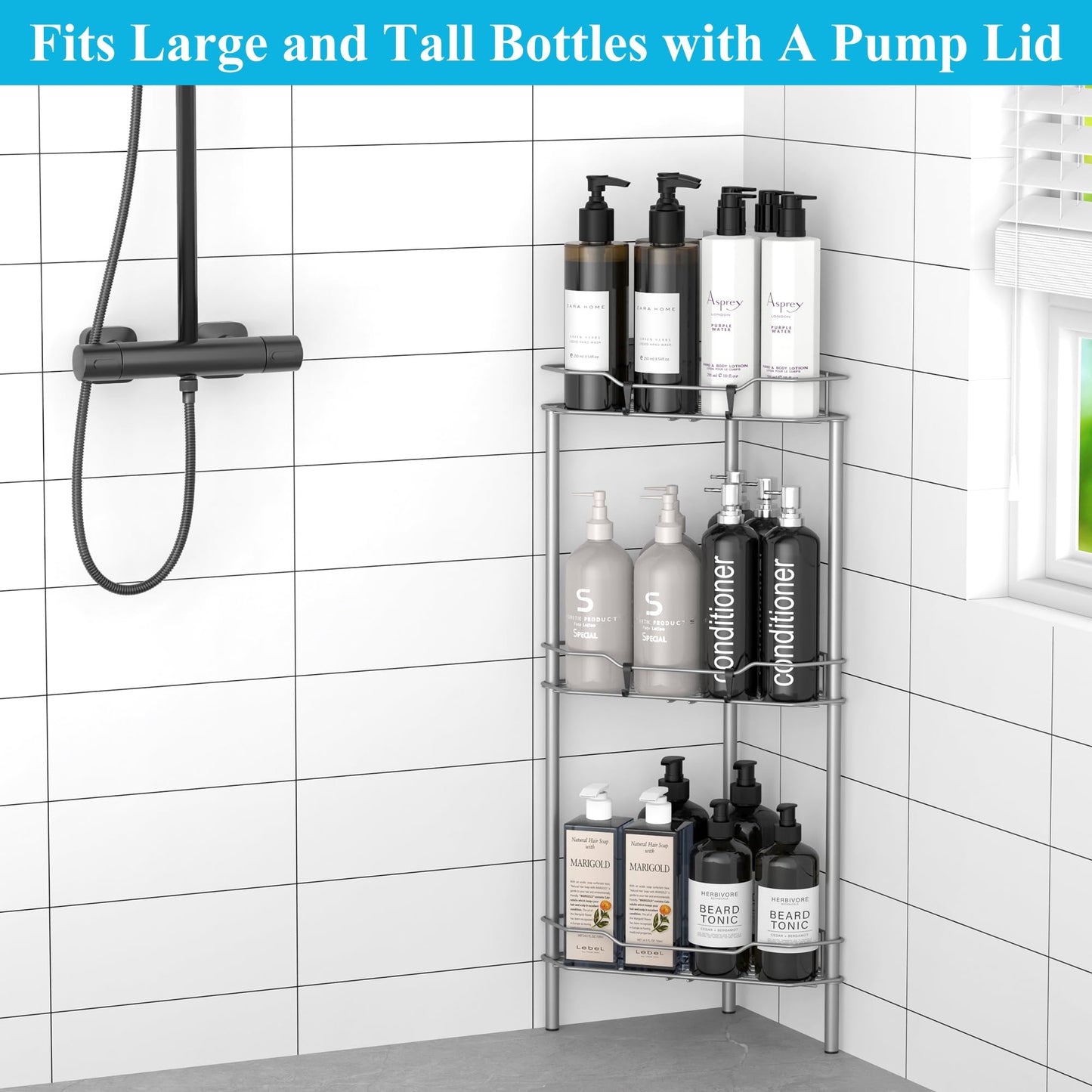4 Tier Floor Standing Corner Shower Caddy Organizer Shelf with Hooks