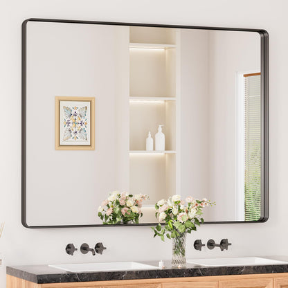 Keonjinn Black Mirror for Bathroom Sink, 24 x 30 Inch Sandblasted Finish Aluminum Wall Mirrors, Matte Black Rectangle Farmhouse Mirror with Shatterproof HD Tempered Glass, Anti-Rust Metal Frame