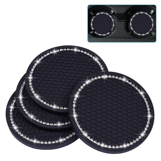 Dessous de verre Bling Car, Wisdompro Lot de 4 dessous de verre en PVC pour porte-gobelet de voiture - Accessoires d'intérieur de véhicule universels antidérapants Tapis de tasse à paillettes en cristal pour femmes et hommes (2,75" de diamètre, noir) 