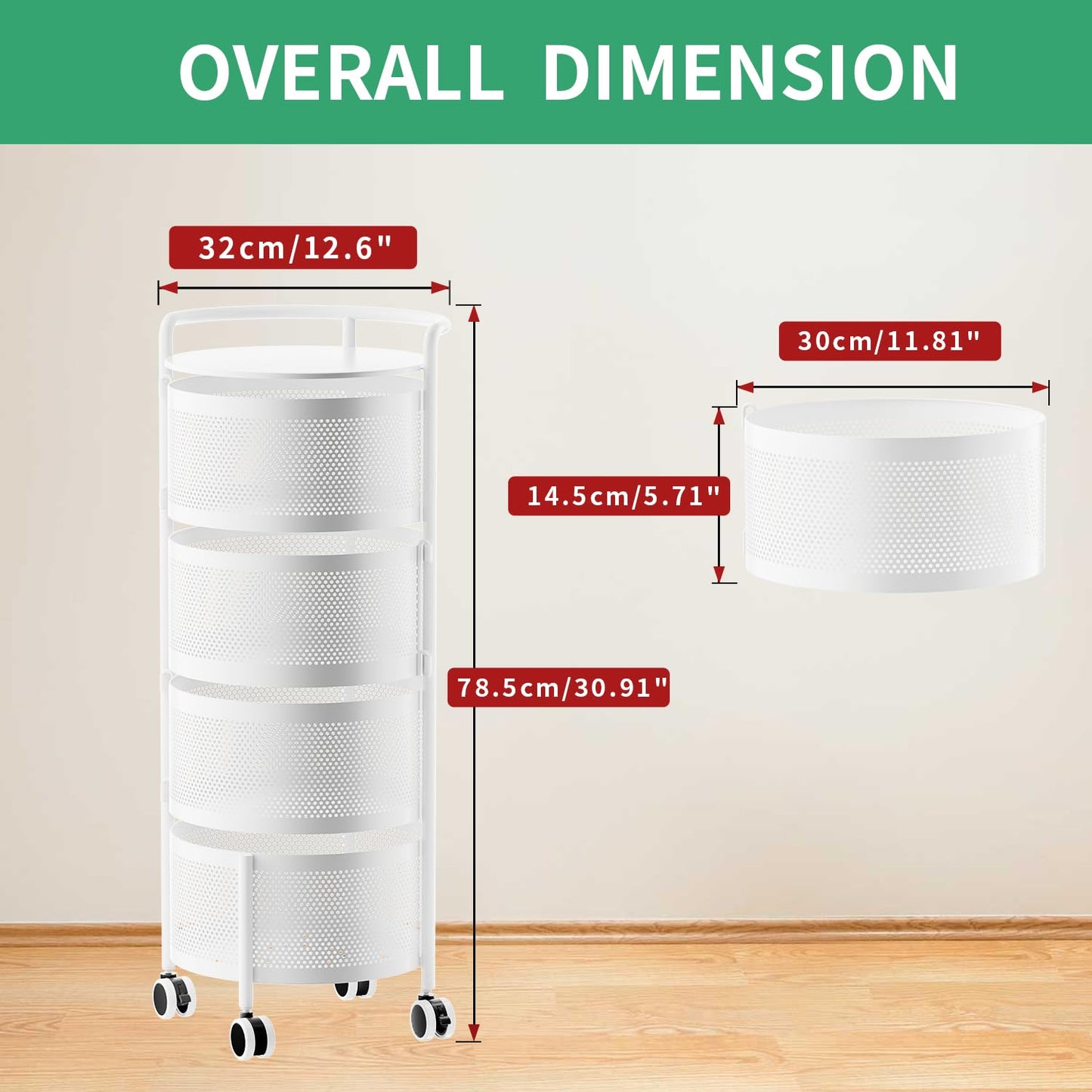No Assembly Required Vegetable Storage Rack, 4-Tier Rotating Fruit Basket with Wheels, Heavy Duty Carbon Steel Kitchen Storage Cart