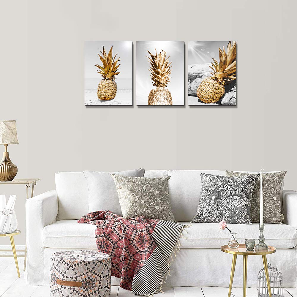 TTHYUEWS Canvas Wall Art for bar kitchen Living Room Office Bathroom home decoration Board Black and white Beach scenery golden Pineapple pictures Artwork restaurant Wall Decor Ready to Hang