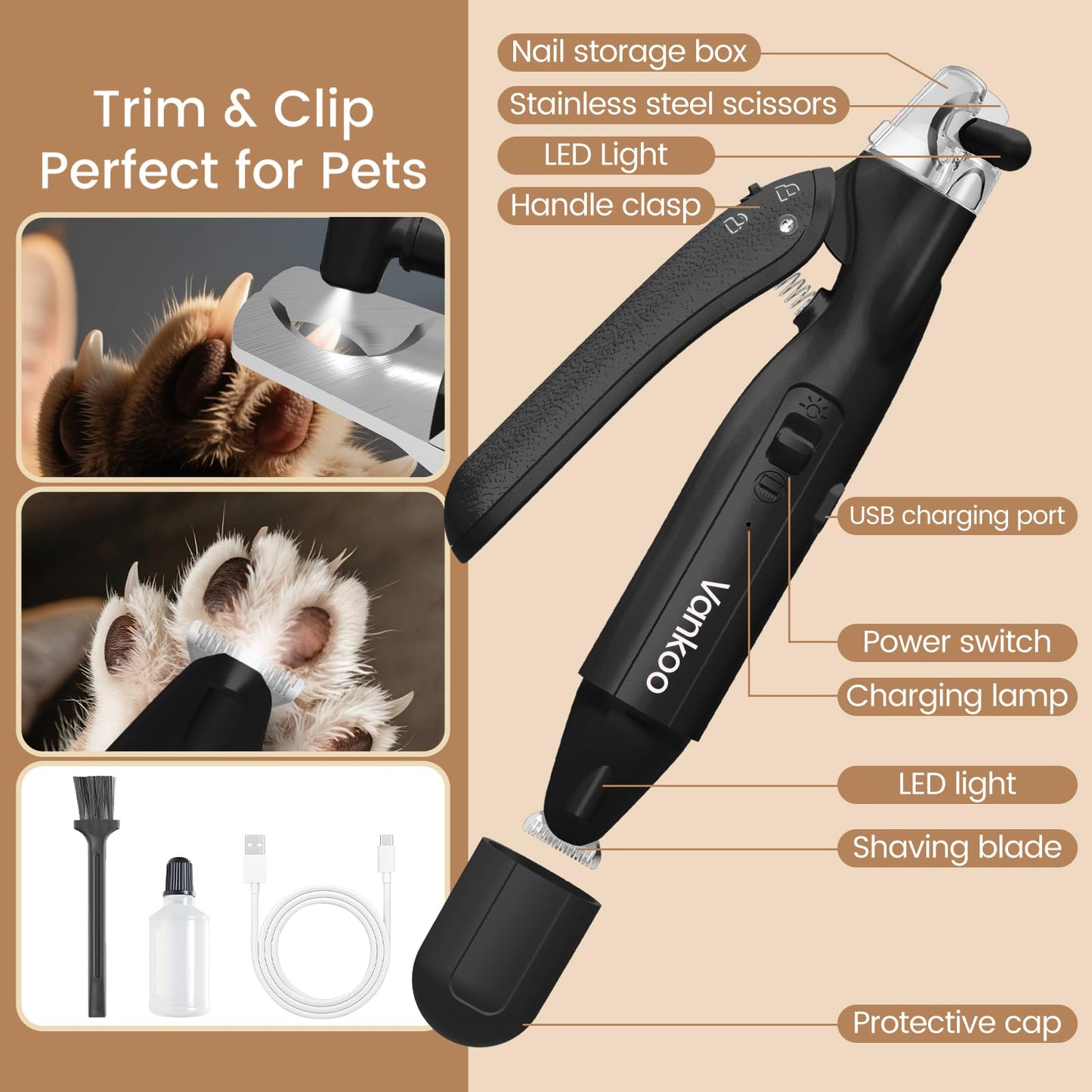 2-in-1 Dog & Cat Nail Clippers with LED Light, Rechargeable Pet Hair Trimmer, Waterproof Grooming Tool