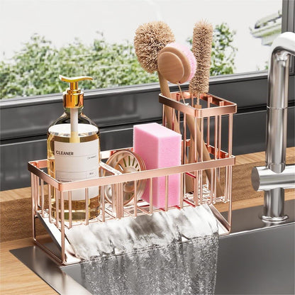Kitchen Sink Caddy Organzier with High Brush Holder, Sponge Holder for Sink, 304 Rustproof Stainless, Kitchen Countertop Soap Dispenser Organizer, Kitchen Decor and Accessories