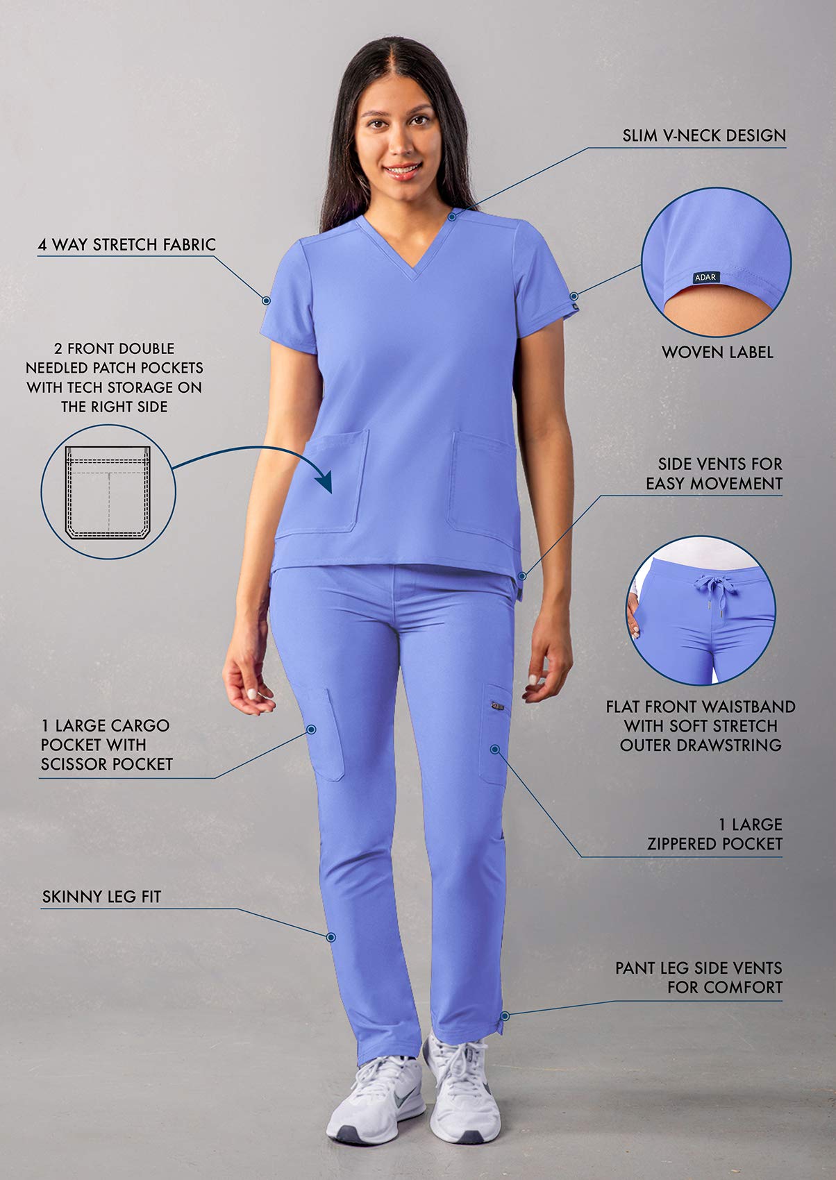 Adar Addition Go-Basic Scrub Set for Women - Slim V-Neck Scrub Top & Skinny Cargo Scrub Pants