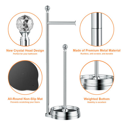 Weighted Freestanding Toilet Paper Holder – Metal Bathroom Stand with Crystal Accent