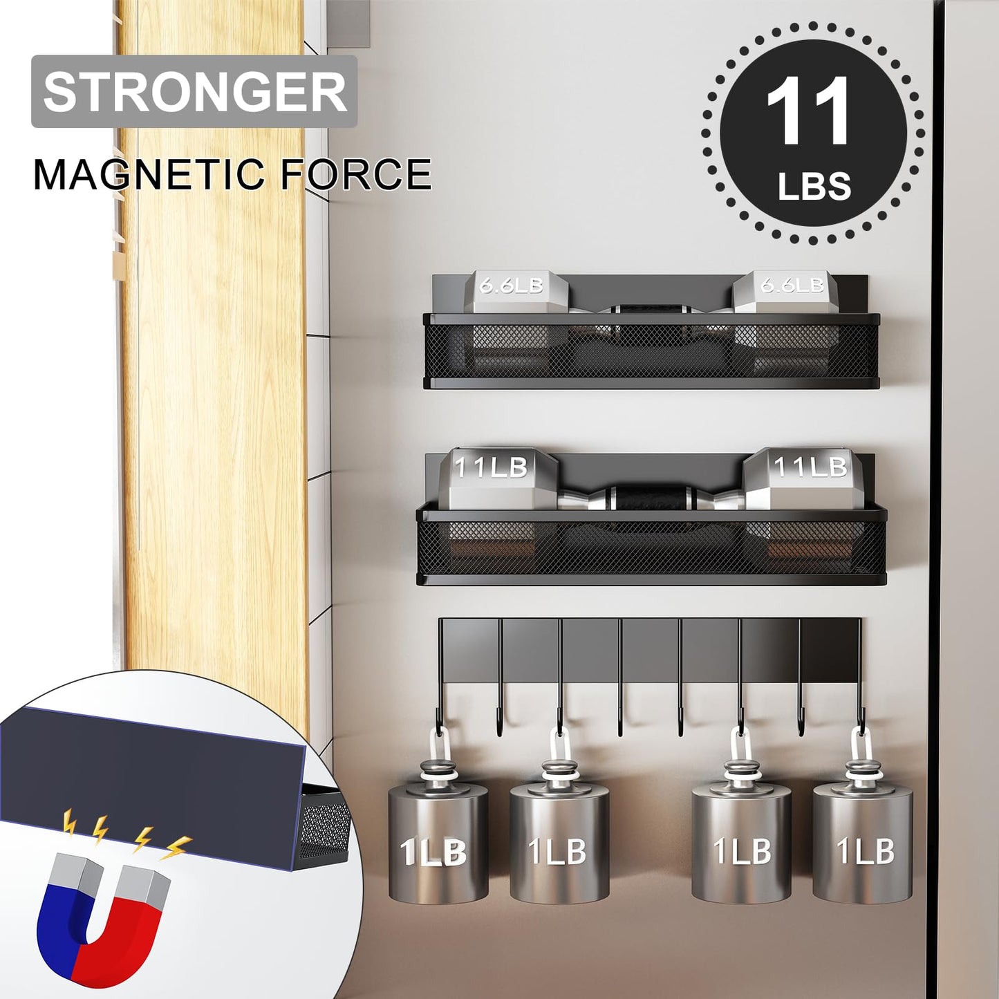 Magnetic Spice Rack for Refrigerator, 6 Pack Magnetic Shelf, Fridge Magnet Organizer with Moveable 12 Hooks, Magnetic Fridge Shelf for Kitchen Organization and Storage (6 Pack)
