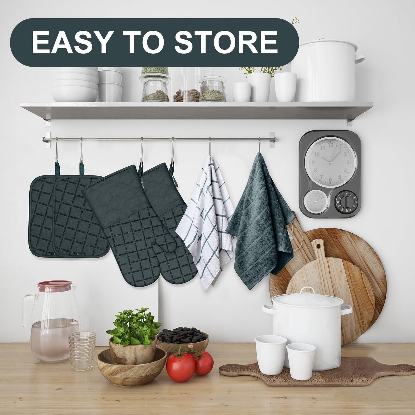 Oven Mitts Kitchen Towels and Dishcloths Pot Holders Sets, Oven Gloves Kitchen Dish Towels 500 Degree Heat Resistant Potholders with Non-Slip Silicone Surface for Cooking, Grilling, Baking-Black