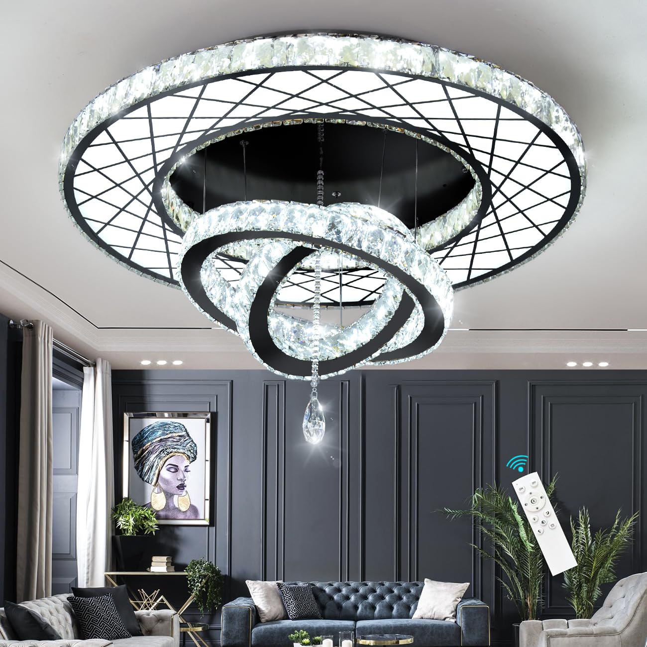 Modern Flush Ceiling Chandelier Bedroom Light Fixtures Crystal Flat Sloping Ceiling Lights for Hallway Kitchen Dining Room Dimmable Light with Remote Gold