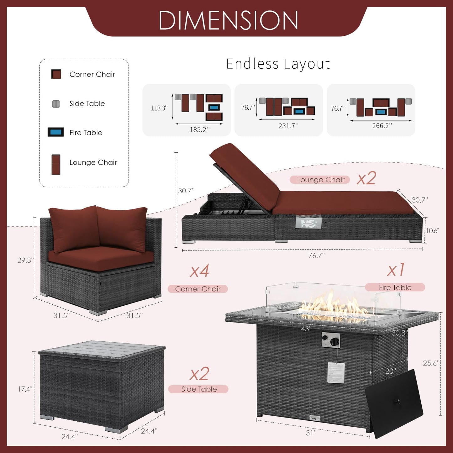 NICESOUL® 13-teiliges großes Luxus-Sofaset für die Terrasse mit Feuerstelle für Erdgas/Propan, 74 cm hohe Rückenlehne, Garten-Sitzgruppe, Gartensofa aus PE-Rattan, dunkelgrau 