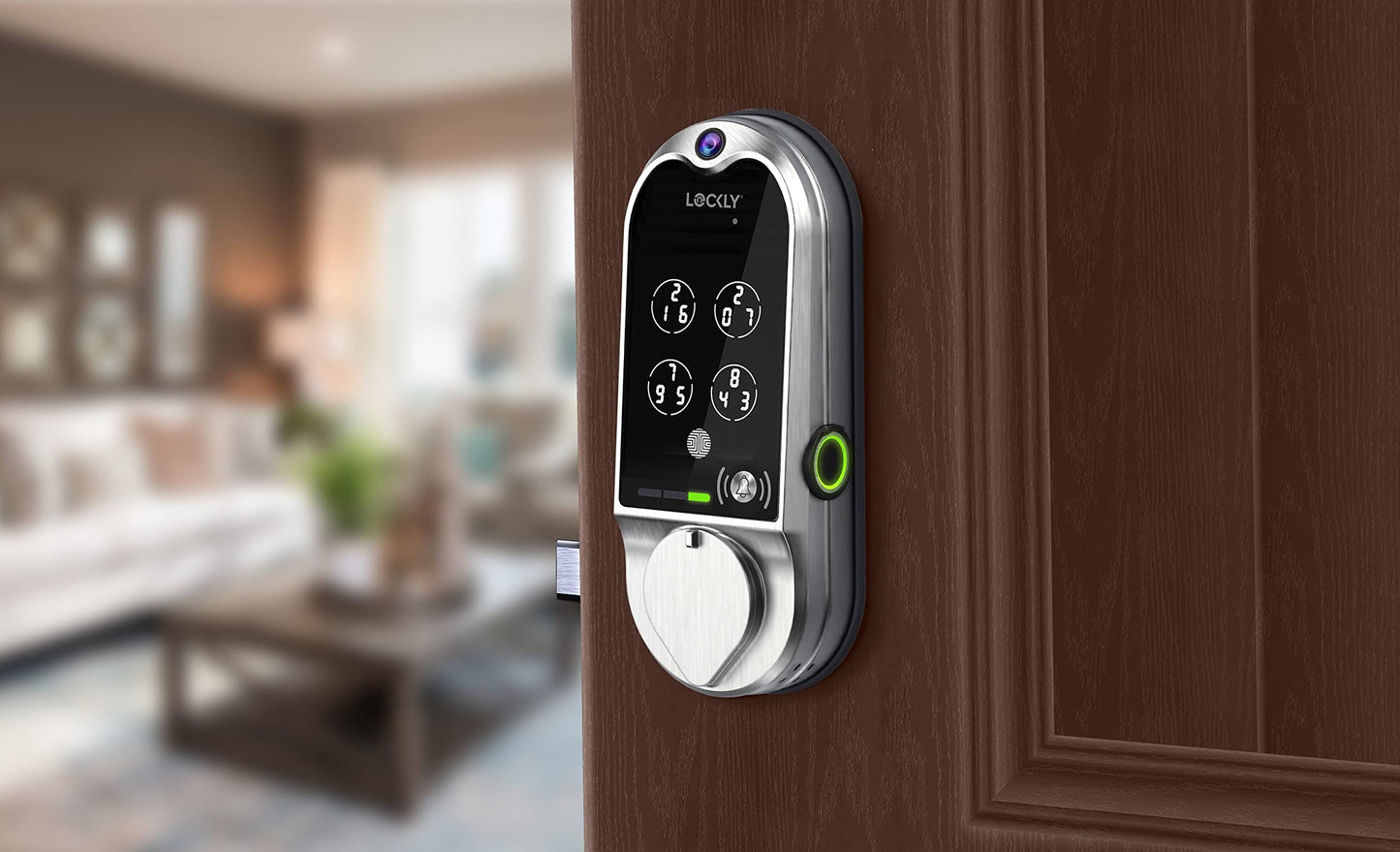 Serrure intelligente Lockly Vision, sonnette vidéo HD, serrures intelligentes pour porte d'entrée, serrure de porte à empreinte digitale, clavier à écran tactile, contrôle par application, sans frais mensuels, verrouillage automatique - Nickel satiné 