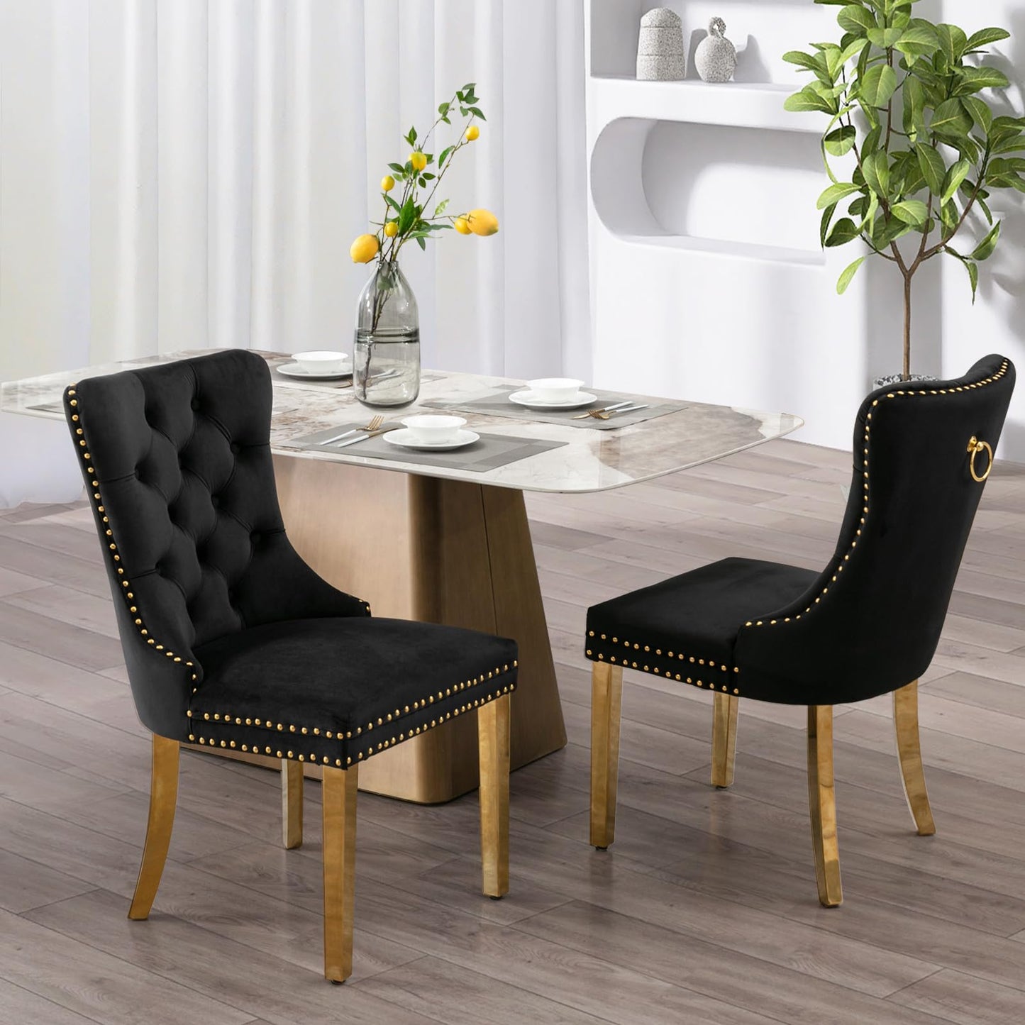 Lot de 8 chaises de salle à manger en cuir SoarFlash, chaise d'appoint à dossier haut, chaise d'appoint rembourrée moderne avec anneau de dossier à boutons, pieds en bois massif (noir et gris) 