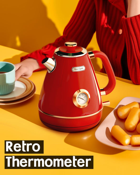 Hazel Quinn Retro Electric Kettle - 1.7 Liters / 57.5 Ounces Tea Kettle with Thermometer, All Stainless Steel, 1200 Watts Fast Boiling, BPA-free, Cordless, Automatic Shut Off.