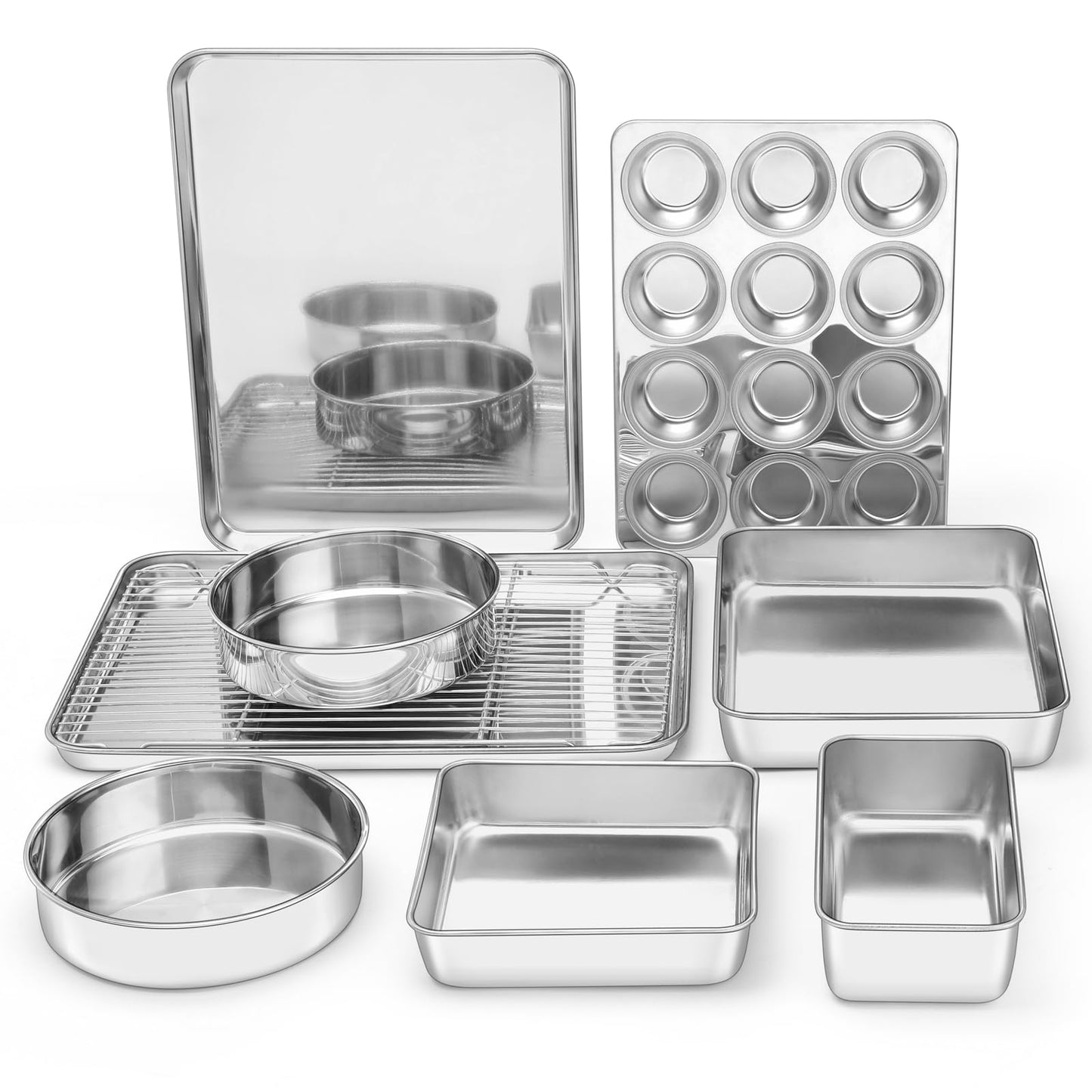 E-far Stainless Steel Baking Pan Set, 6-Piece Metal Bakeware Sets Include Cookie Sheet, Round Square Rectangle Cake Pans, Non-toxic & Dishwasher Safe