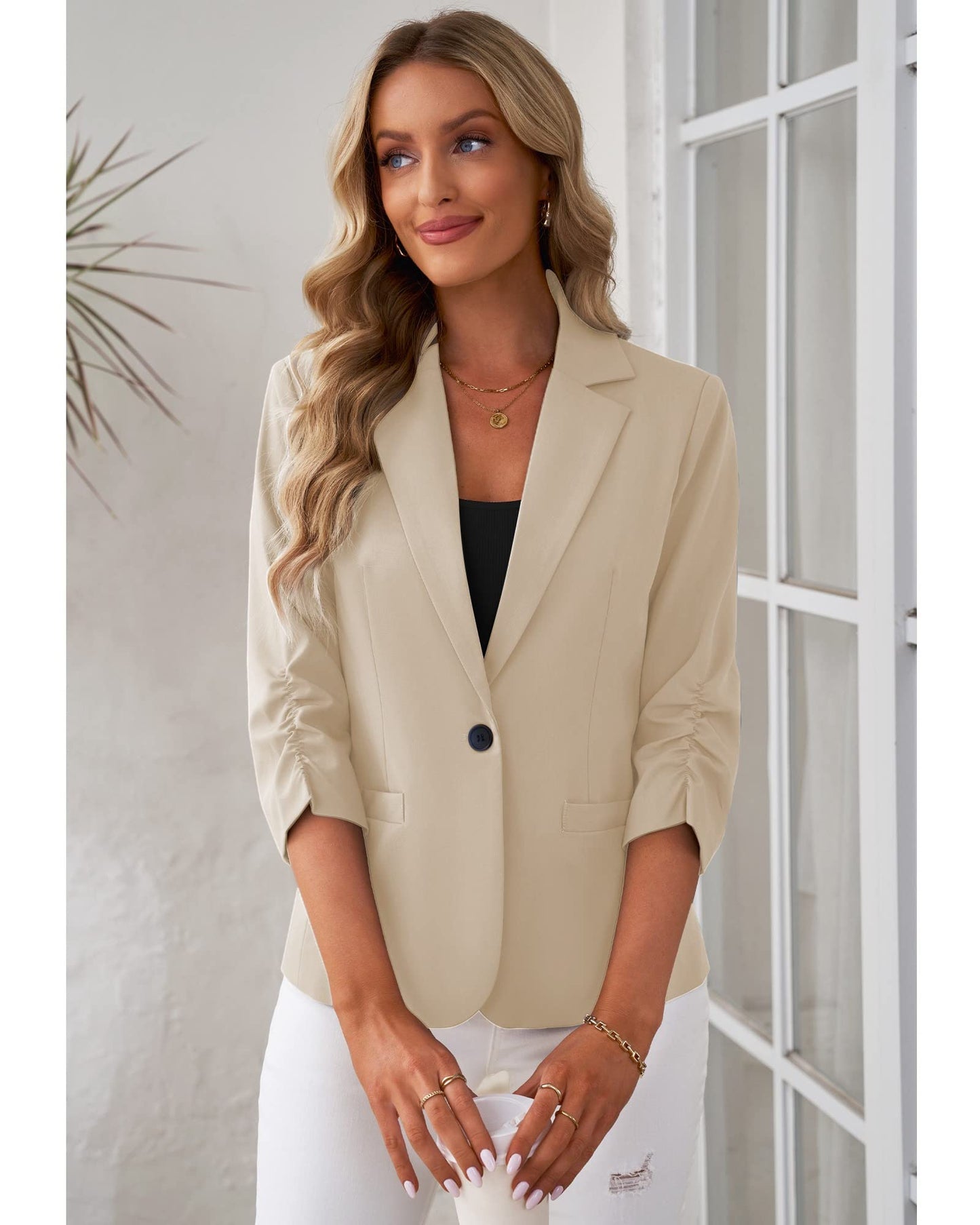 LookbookStore Blazer für Damen Anzugjacken Eleganter Blazer mit 3/4-Ärmeln Business-Casual-Outfits für die Arbeit