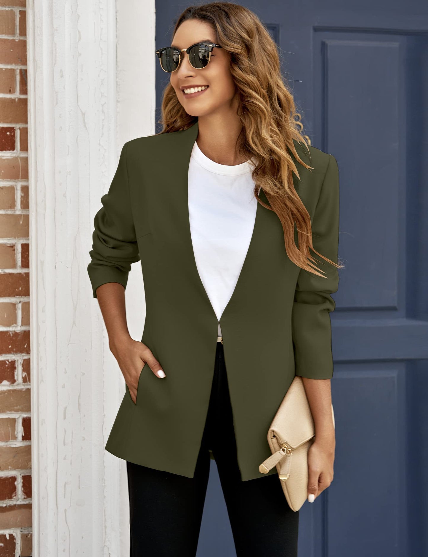 Veste de costume blazer de travail décontractée à poches ouvertes sur le devant pour femme GRAPENT 