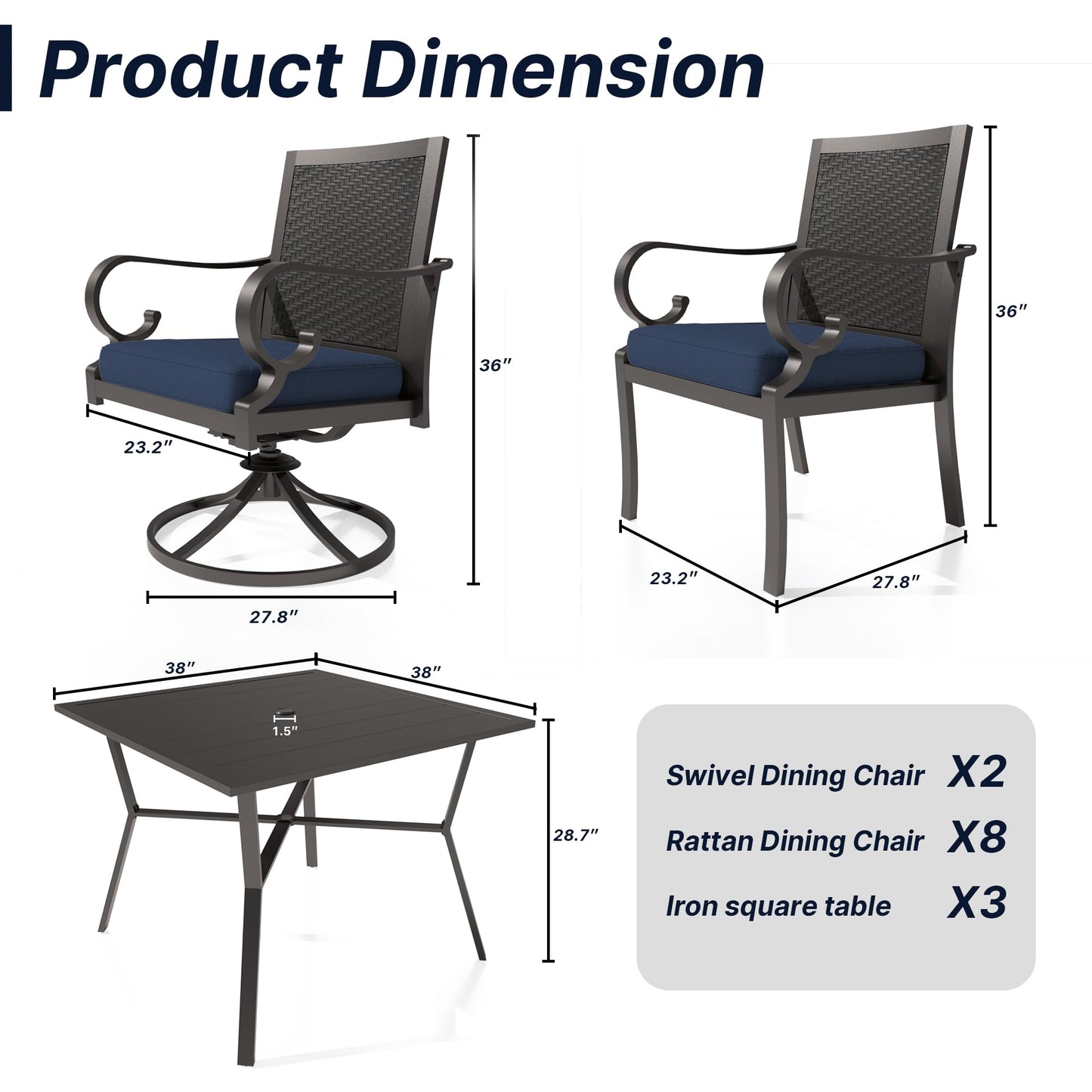 Ensemble de salle à manger de patio 15 pièces Meubles d'extérieur en rotin Ensemble de salle à manger avec 3 plateaux de table carrés en verre 12 chaises avec coussins bleu marine pour patio, arrière-cour, cuisine extérieure, pelouse et jardin 