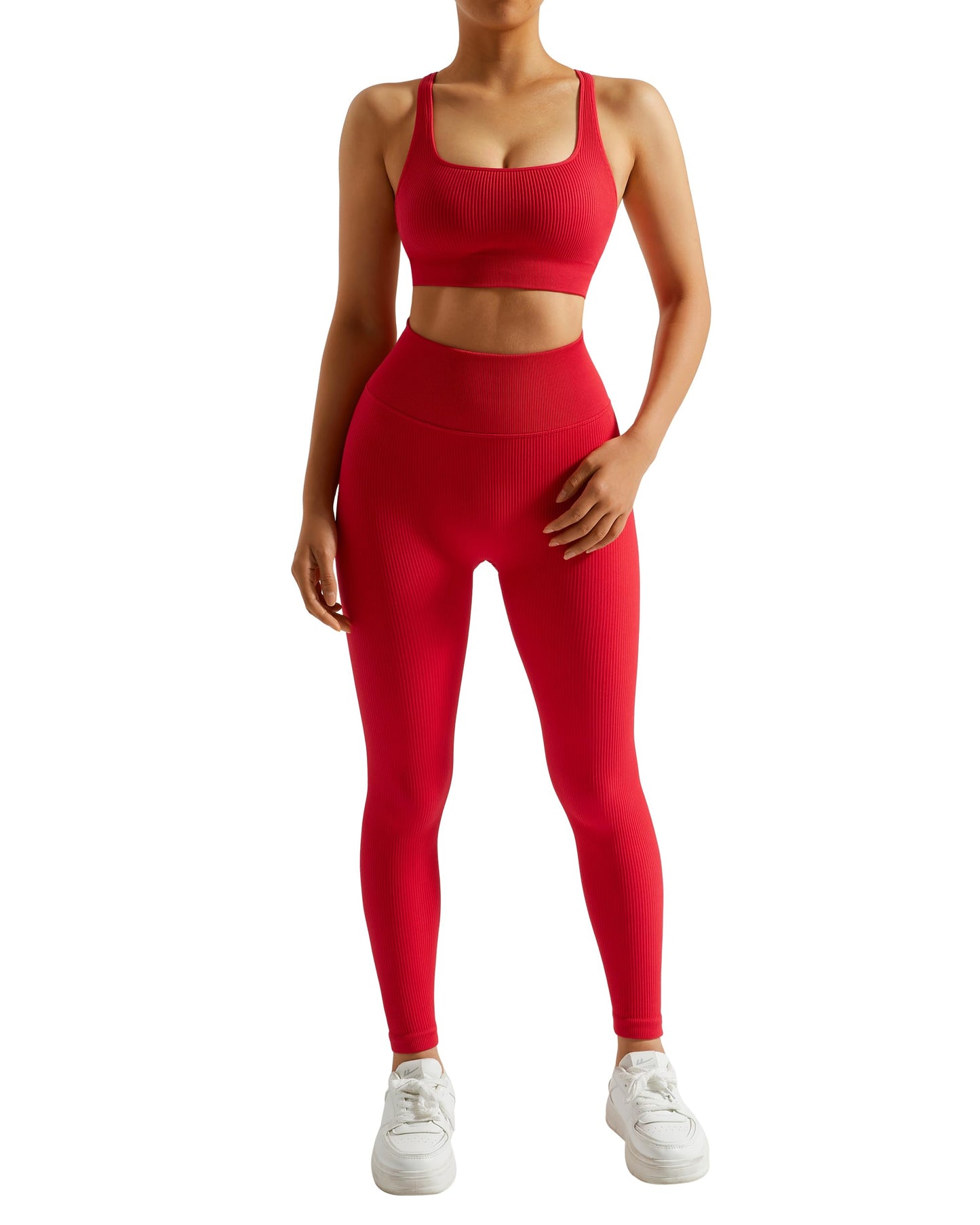 RXRXCOCO Gerippte Workout-Sets für Damen, 2-teilig, rückenfrei, Riemchen-Sport-BH, nahtlose Leggings, passendes Set, Yoga-Outfits 