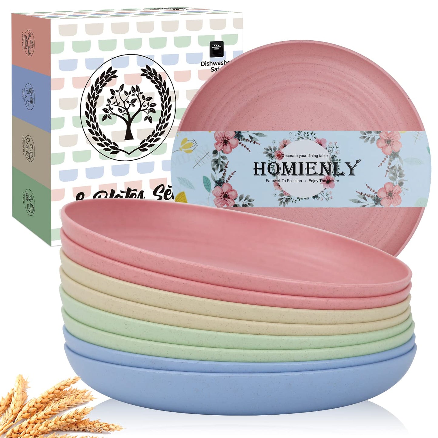 Homienly Deep Dinner Plates Set of 8 Alternative for Plastic Plates Microwave and Dishwasher Safe Wheat Straw Plates for Kitchen Unbreakable Kids Plates with 4 Colors (Classic Bright, 9 inch)